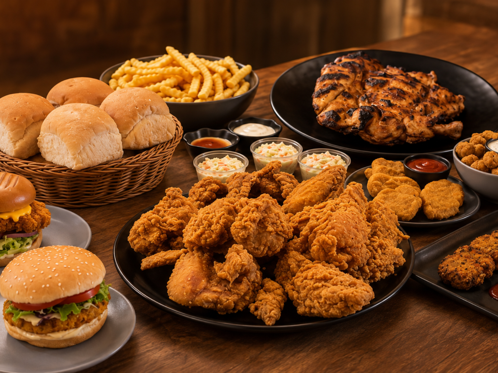 A catering spread of fried chicken, burgers, Al-Faham and sides