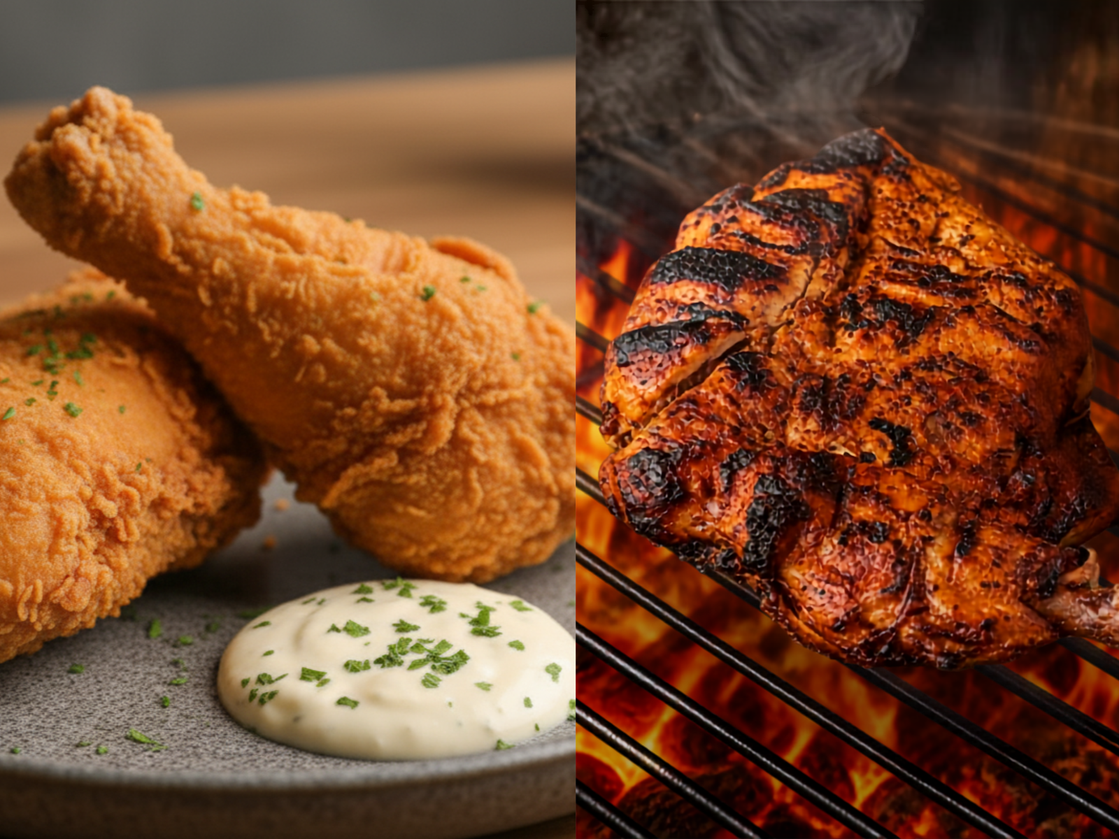 Fried chicken beside Al-Faham on the charcoal grill
