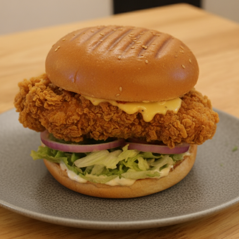 USFC Zinger burger with lettuce, onion and cheese